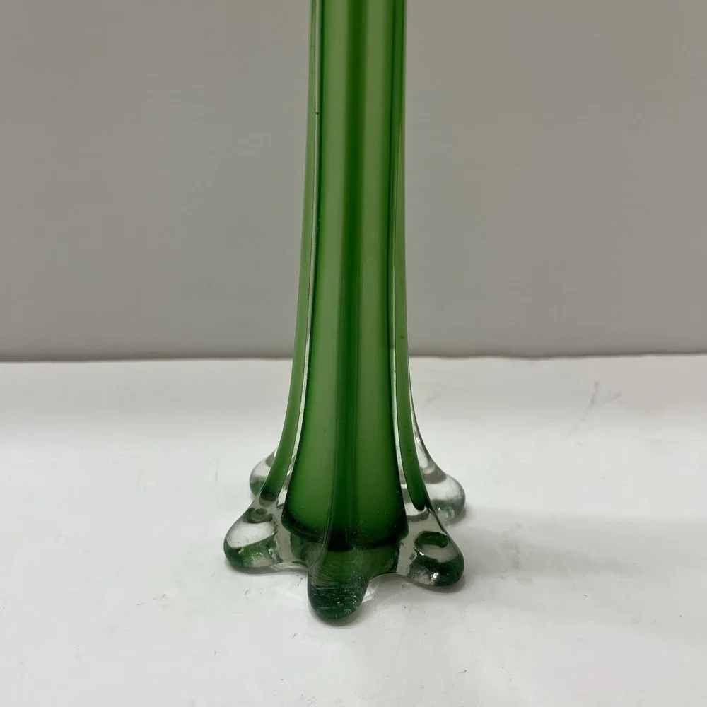 Vintage Art Glass Bud Base Green Clear Accents Petal-Shaped Base 11.5